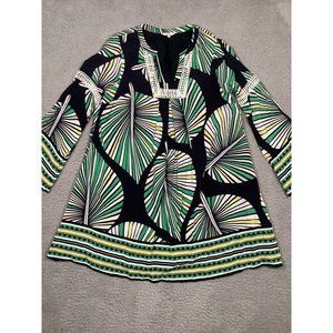 Crown & Ivy Palm Frond Dress Green Blue Dress Boho Vacation Flared‎ Sleeve Small